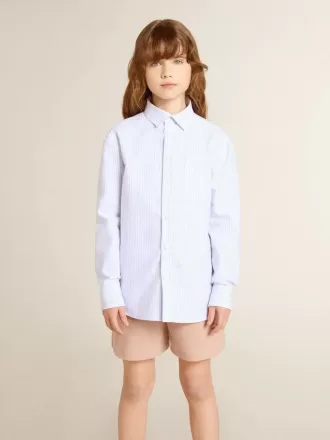 Camicia da bambino in cotone a righe azzurro e bianco con logo ricamato
