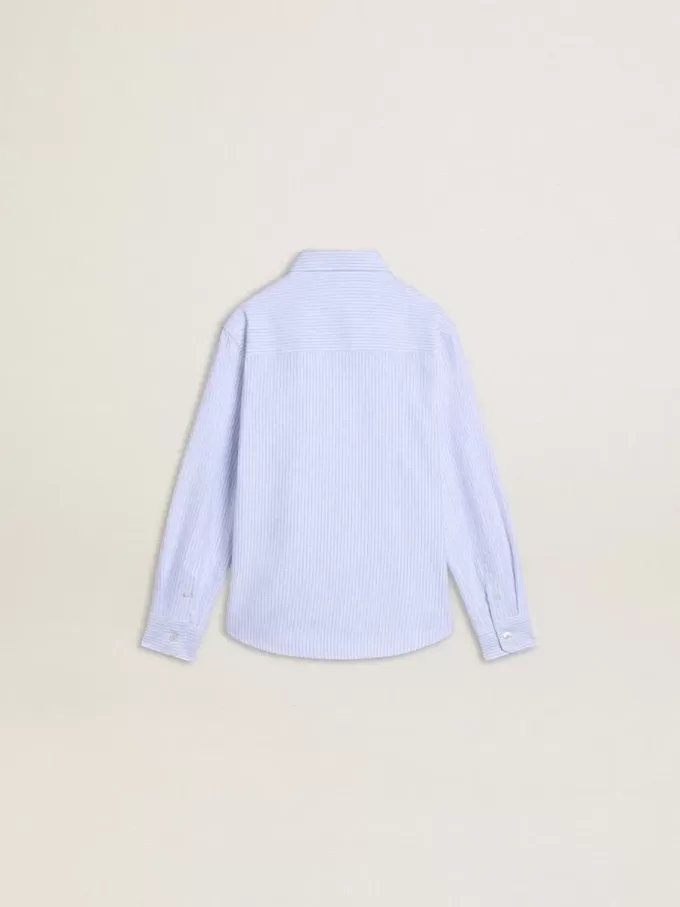 Camicia da bambino in cotone a righe azzurro e bianco con logo ricamato Camicia da bambino in cotone a righe azzurro e bianco con logo ricamato