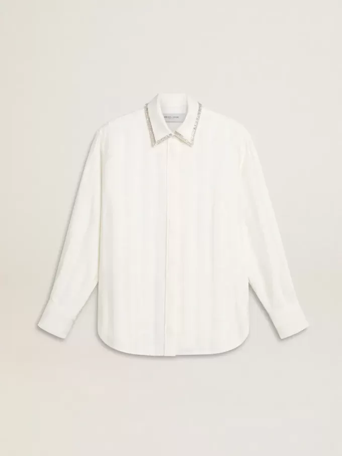 Camicia da donna con motivo a righe verticali e ricami in cristallo