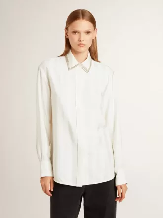 Camicia da donna con motivo a righe verticali e ricami in cristallo