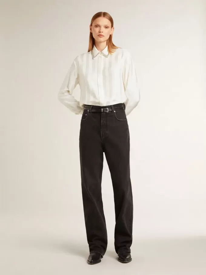 Camicia da donna con motivo a righe verticali e ricami in cristallo