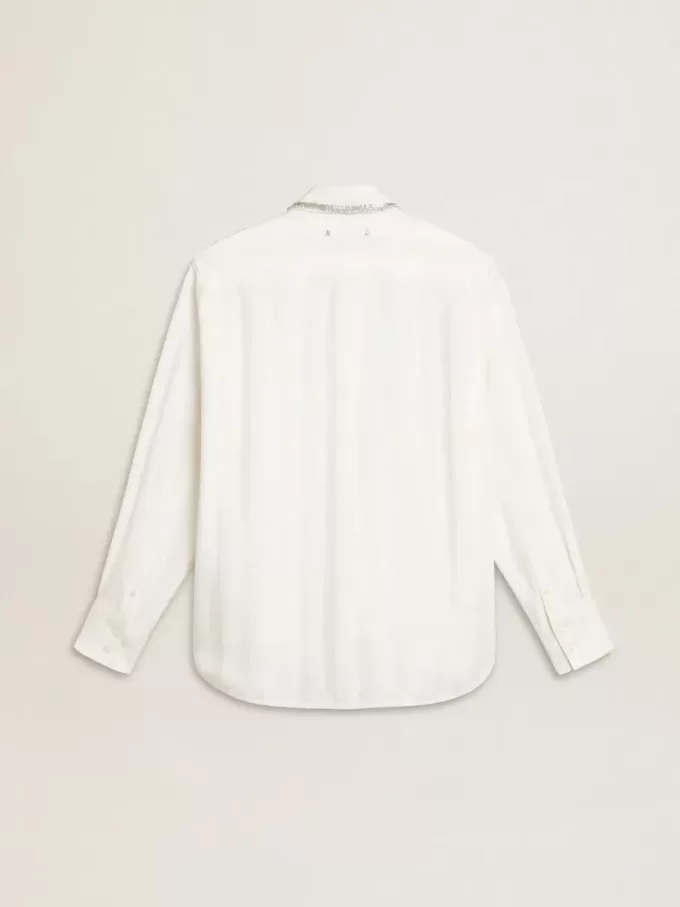 Camicia da donna con motivo a righe verticali e ricami in cristallo