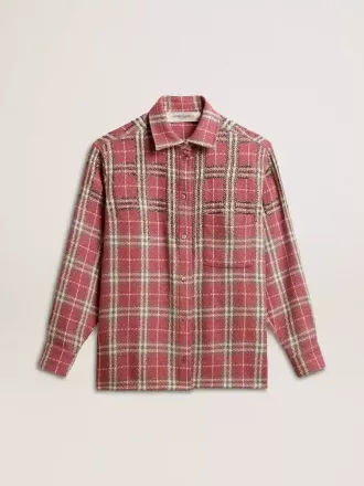 Camicia da donna con ricami a quadri rosa, sabbia e grigio