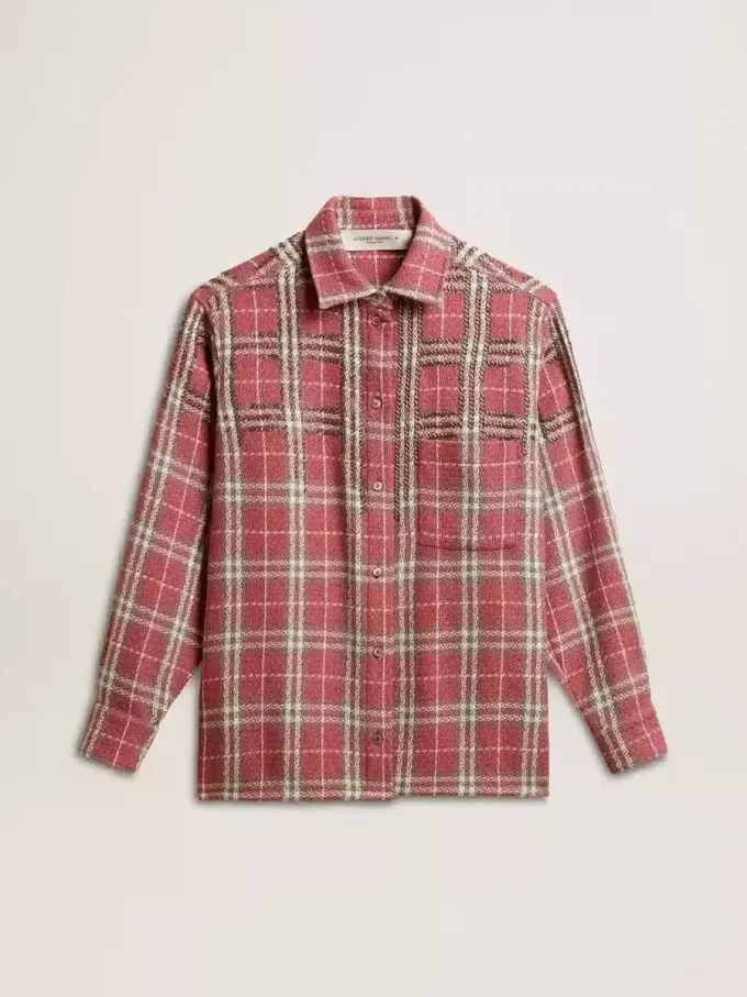 Camicia da donna con ricami a quadri rosa, sabbia e grigio Camicia da donna con ricami a quadri rosa, sabbia e grigio