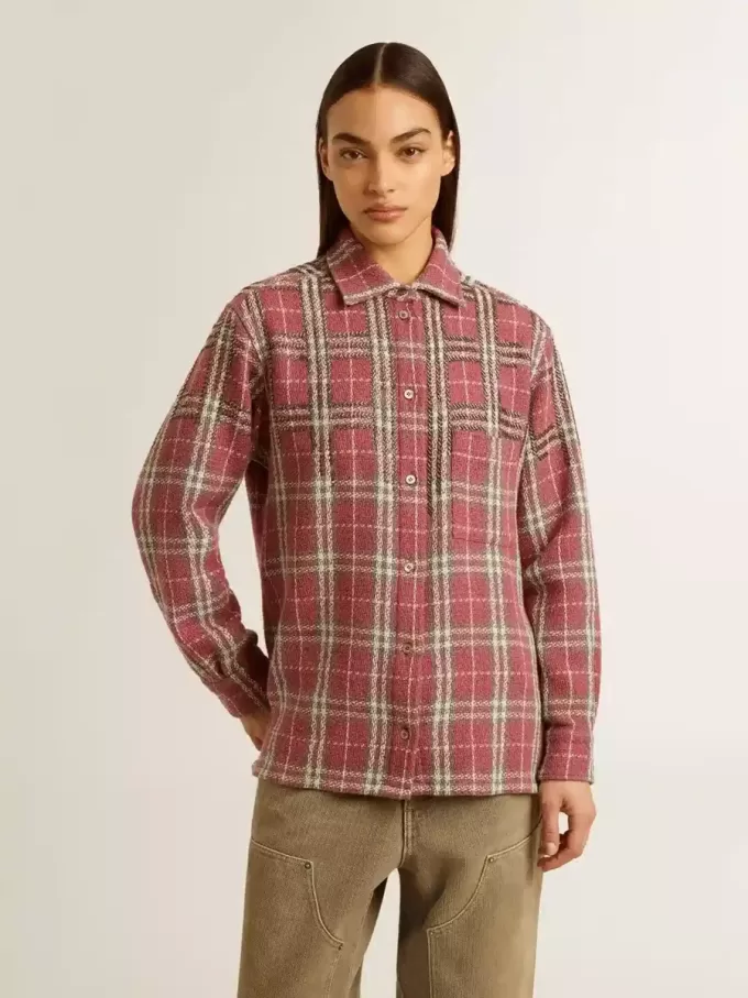 Camicia da donna con ricami a quadri rosa, sabbia e grigio Camicia da donna con ricami a quadri rosa, sabbia e grigio
