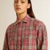 Camicia da donna con ricami a quadri rosa, sabbia e grigio Camicia da donna con ricami a quadri rosa, sabbia e grigio