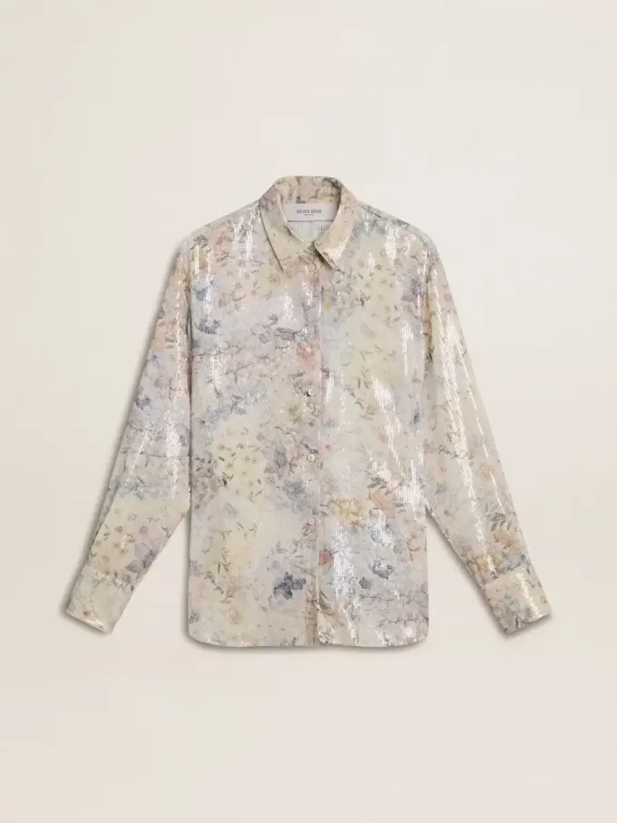 Camicia da donna con stampa floreale multicolore con paillettes Camicia da donna con stampa floreale multicolore con paillettes