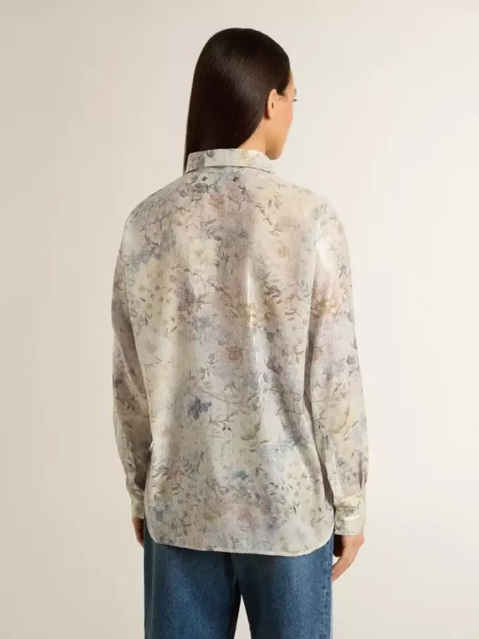 Camicia da donna con stampa floreale multicolore con paillettes Camicia da donna con stampa floreale multicolore con paillettes