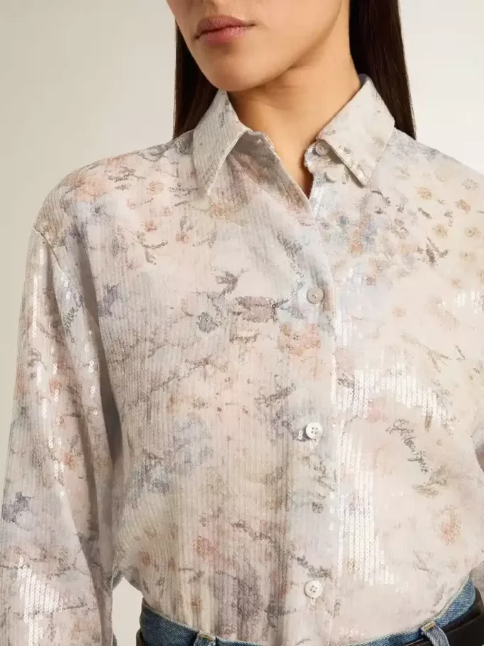 Camicia da donna con stampa floreale multicolore con paillettes Camicia da donna con stampa floreale multicolore con paillettes