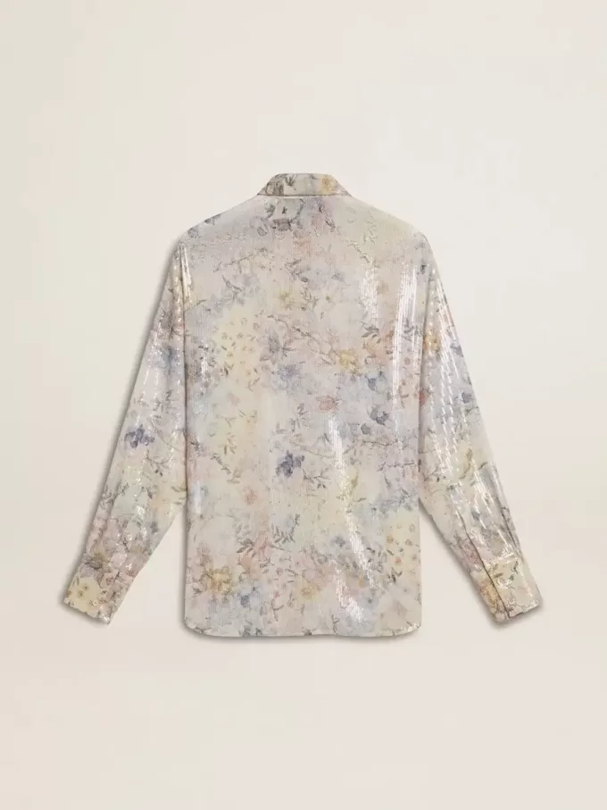Camicia da donna con stampa floreale multicolore con paillettes Camicia da donna con stampa floreale multicolore con paillettes