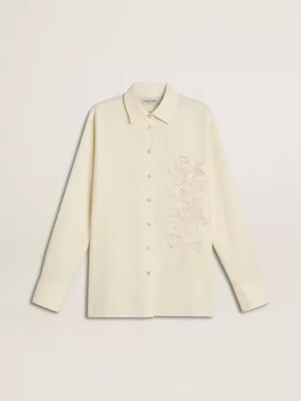 Camicia da donna in cotone color crema con ricami floreali