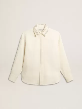 Camicia da donna in misto viscosa e cotone con collo impreziosito da cristalli
