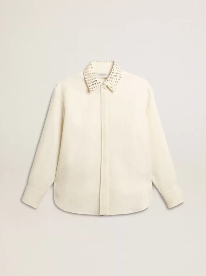 Camicia da donna in misto viscosa e cotone con collo impreziosito da cristalli