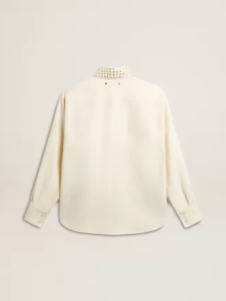 Camicia da donna in misto viscosa e cotone con collo impreziosito da cristalli