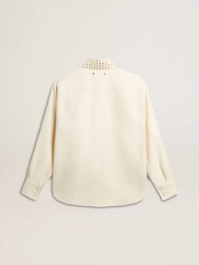 Camicia da donna in misto viscosa e cotone con collo impreziosito da cristalli