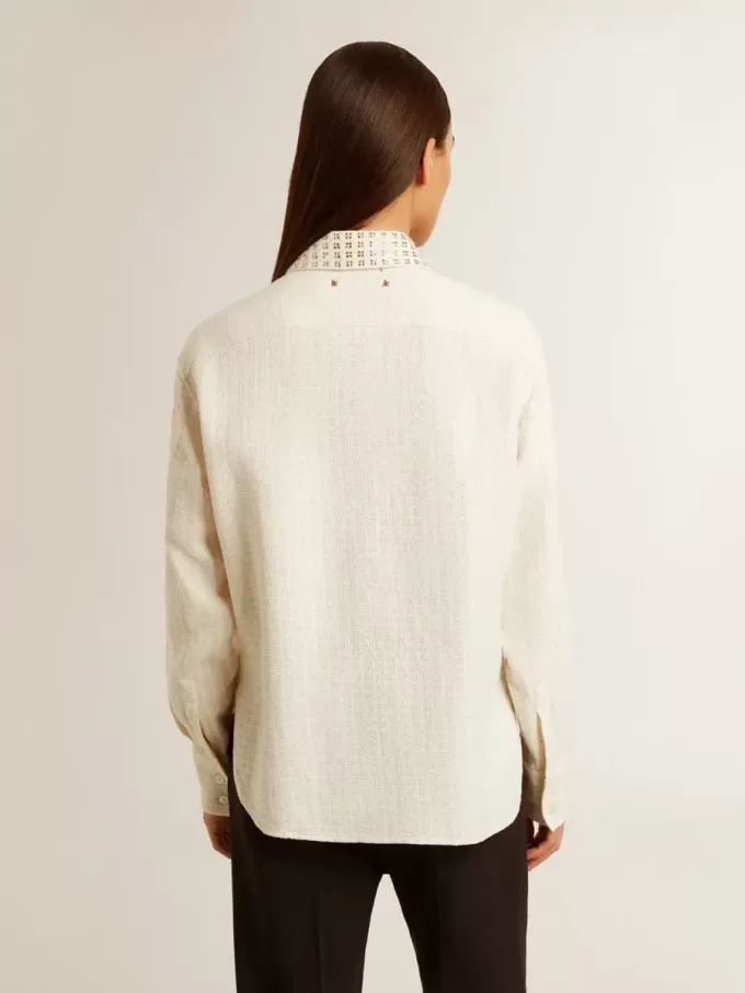 Camicia da donna in misto viscosa e cotone con collo impreziosito da cristalli