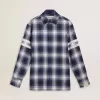 Camicia da uomo blu a quadri 3D con stampa sul retro