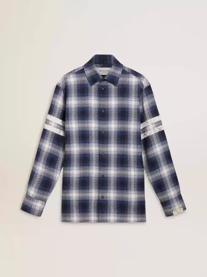 Camicia da uomo blu a quadri 3D con stampa sul retro