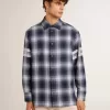 Camicia da uomo blu a quadri 3D con stampa sul retro