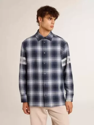 Camicia da uomo blu a quadri 3D con stampa sul retro