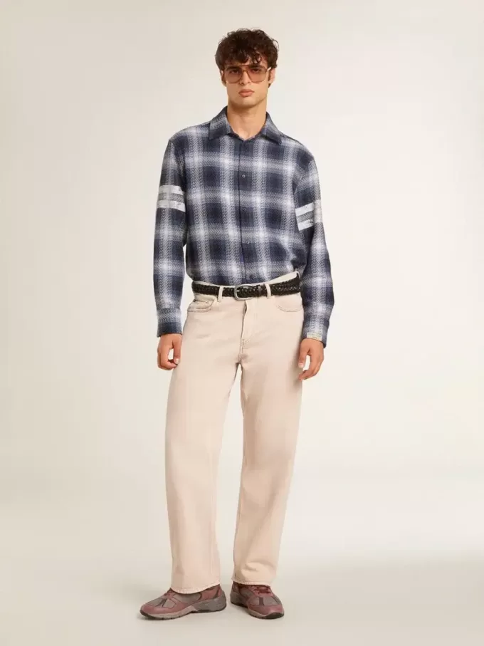 Camicia da uomo blu a quadri 3D con stampa sul retro