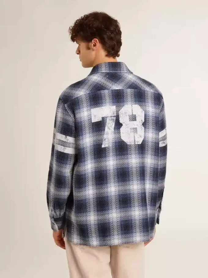 Camicia da uomo blu a quadri 3D con stampa sul retro