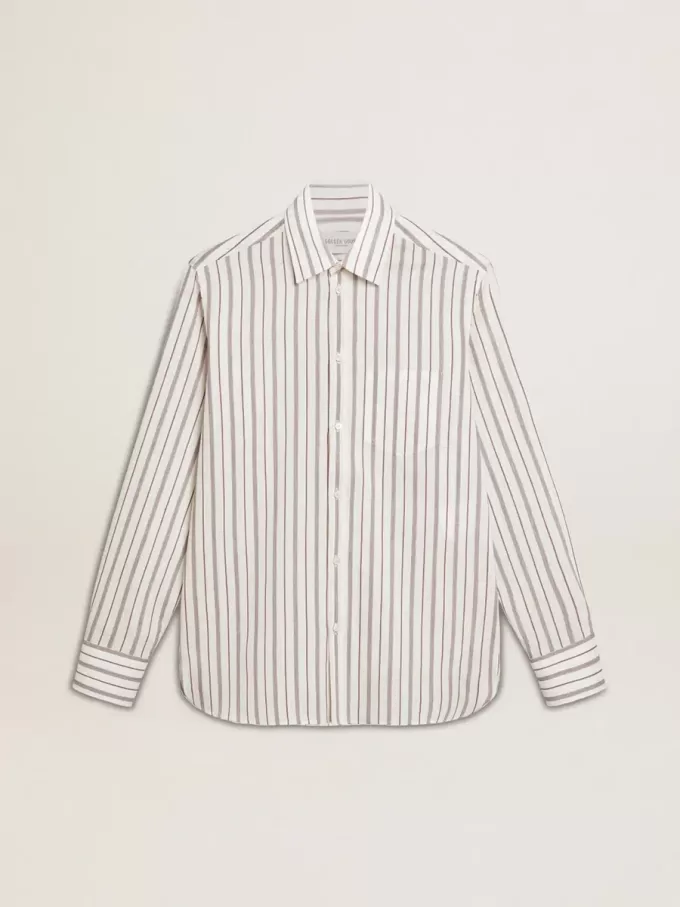 Camicia da uomo in cotone bianco con sottili righe bordeaux