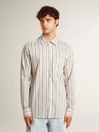 Camicia da uomo in cotone bianco con sottili righe bordeaux Camicia da uomo in cotone bianco con sottili righe bordeaux