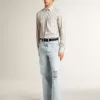 Camicia da uomo in cotone bianco con sottili righe bordeaux