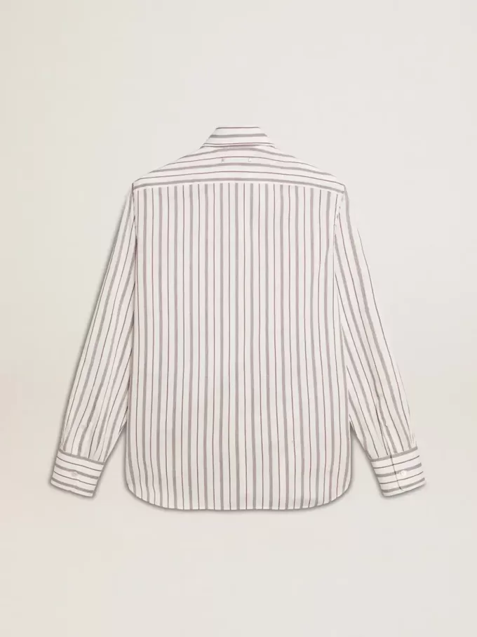Camicia da uomo in cotone bianco con sottili righe bordeaux