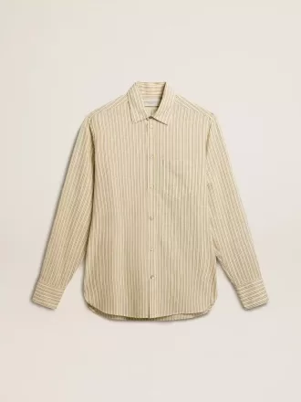 Camicia da uomo in cotone écru con sottili righe nere