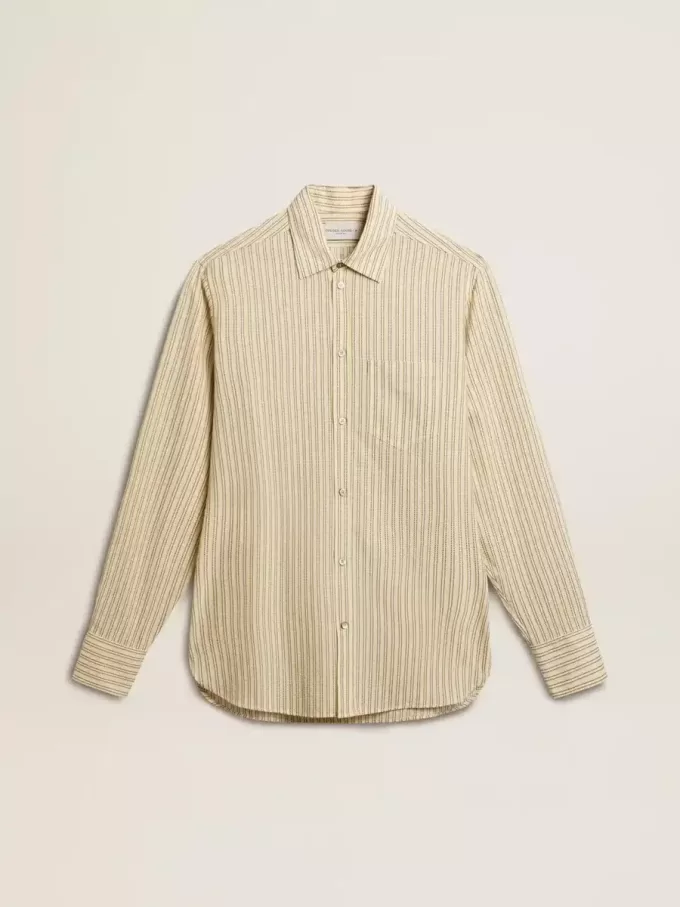 Camicia da uomo in cotone écru con sottili righe nere