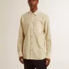 Camicia da uomo in cotone écru con sottili righe nere