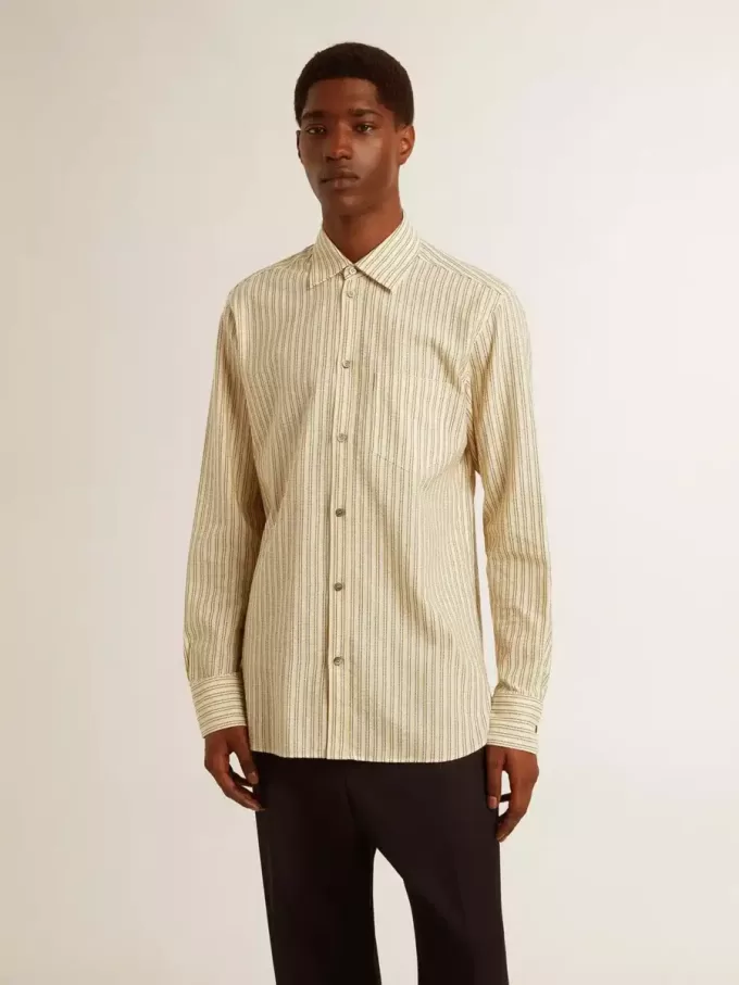 Camicia da uomo in cotone écru con sottili righe nere