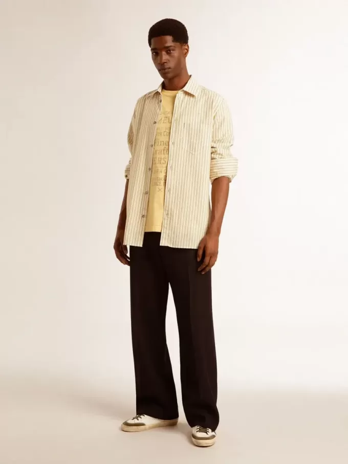 Camicia da uomo in cotone écru con sottili righe nere