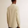 Camicia da uomo in cotone écru con sottili righe nere