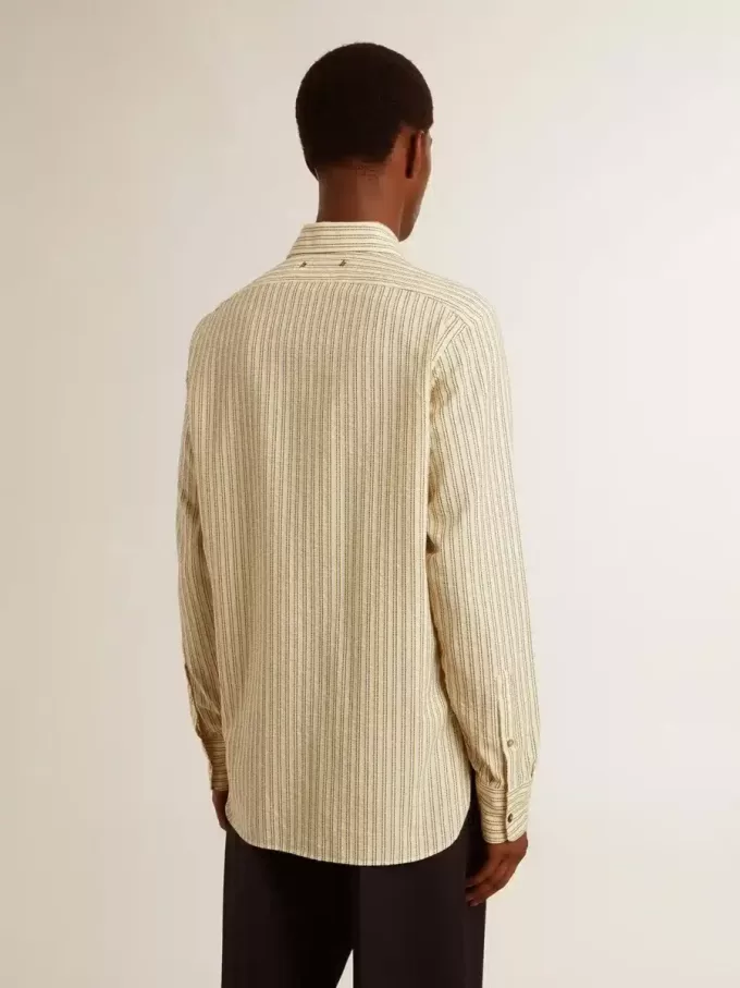 Camicia da uomo in cotone écru con sottili righe nere