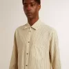 Camicia da uomo in cotone écru con sottili righe nere