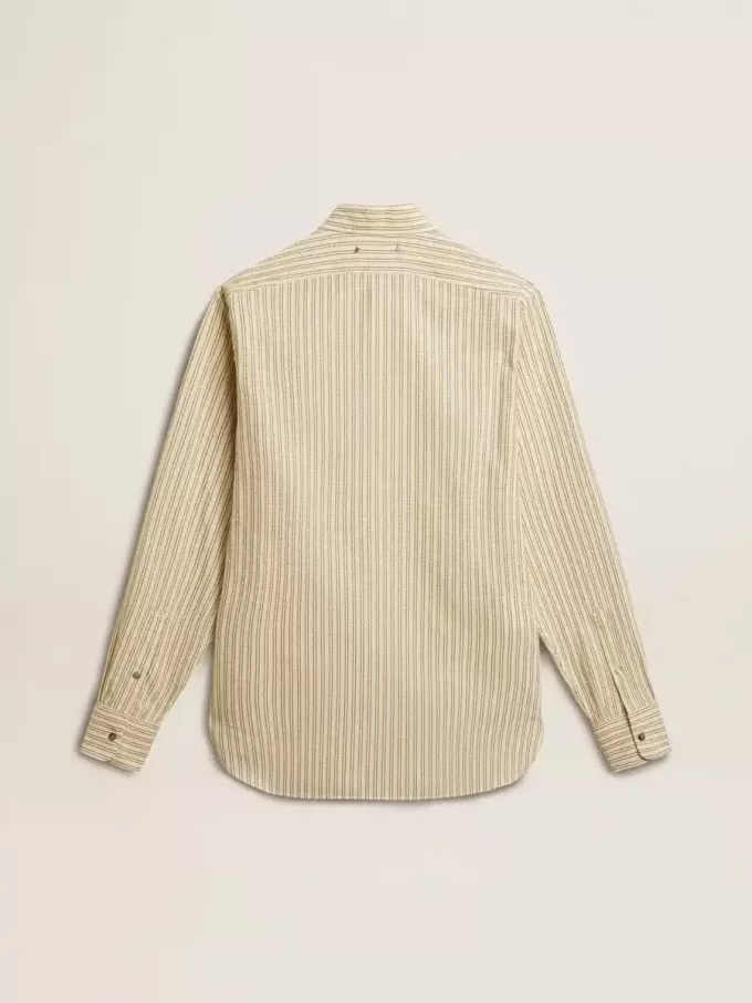 Camicia da uomo in cotone écru con sottili righe nere