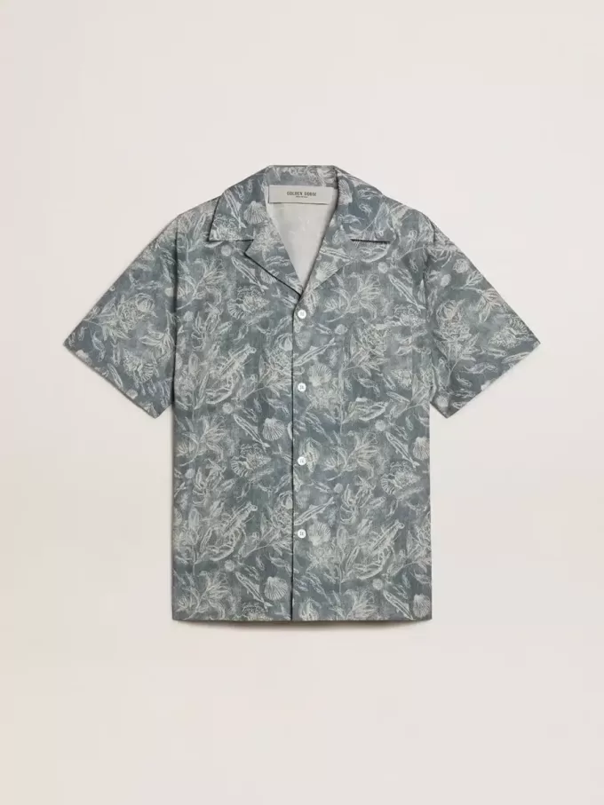 Camicia da uomo in popeline a maniche corte stile pigiama con stampa marina blu e bianca Camicia da uomo in popeline a maniche corte stile pigiama con stampa marina blu e bianca