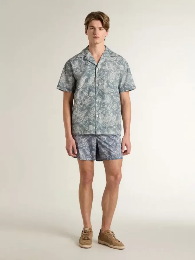 Camicia da uomo in popeline a maniche corte stile pigiama con stampa marina blu e bianca Camicia da uomo in popeline a maniche corte stile pigiama con stampa marina blu e bianca