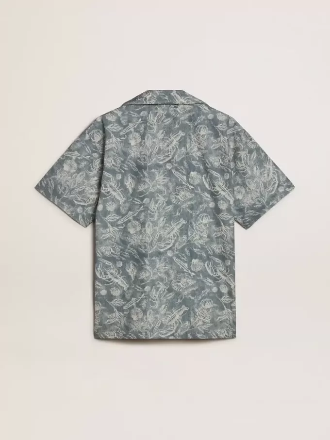 Camicia da uomo in popeline a maniche corte stile pigiama con stampa marina blu e bianca Camicia da uomo in popeline a maniche corte stile pigiama con stampa marina blu e bianca