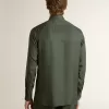 Camicia da uomo verde scuro con righe verticali Camicia da uomo verde scuro con righe verticali