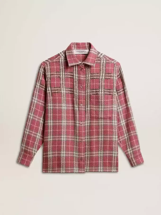 Camicia dal taglio squadrato con ricami a quadri rosa, sabbia e grigio Camicia dal taglio squadrato con ricami a quadri rosa, sabbia e grigio