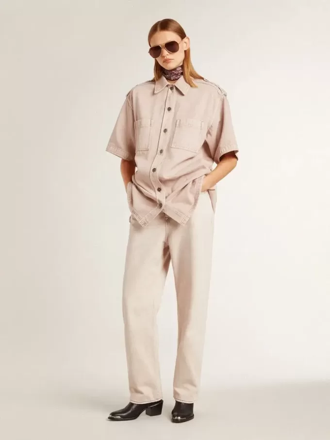 Camicia oversize da donna in denim tinto rosa Camicia oversize da donna in denim tinto rosa