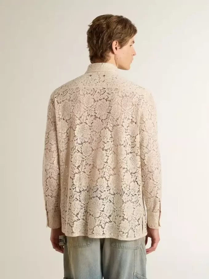 Camicia oversize in pizzo trasparente color crema
