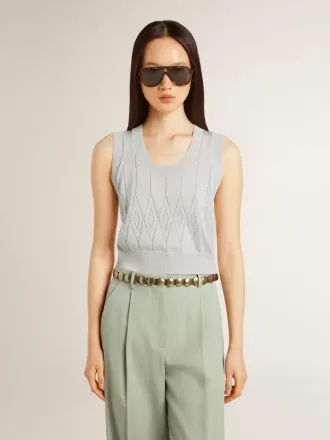 Canotta da donna senza maniche in maglia azzurro baby