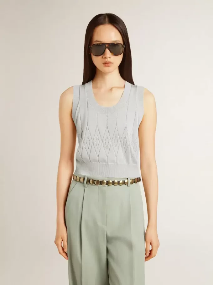 Canotta da donna senza maniche in maglia azzurro baby Canotta da donna senza maniche in maglia azzurro baby