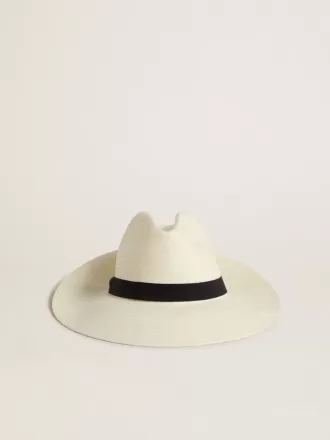 Cappello fedora dorato in paglia bianca con nastro nero e stampa marina sotto la tesa
