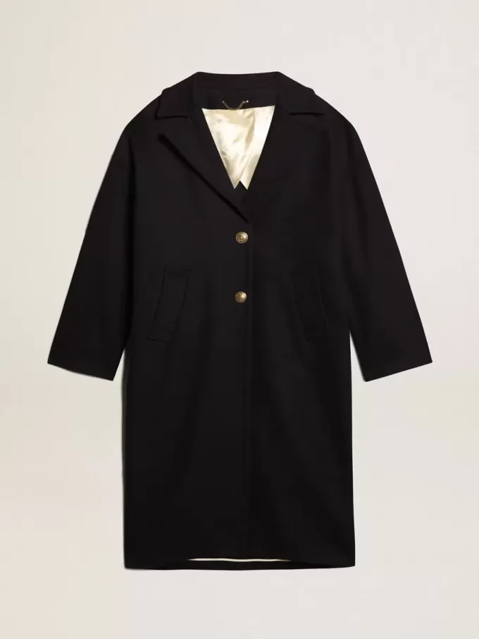 Cappotto cocoon monopetto da donna in lana blu scuro con bottoni dorati